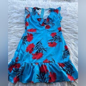 Parisian Works Blue Floral Midi Dress with Red Flowers
